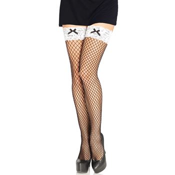 Sexy visnet kousen  met contrasterende witte kanten band en zwart strikje