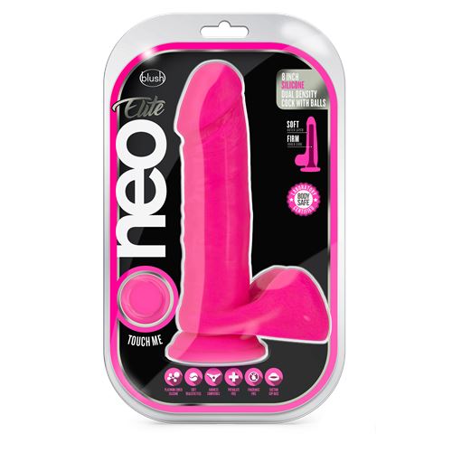 neo-elite-8-inch-silicone-dual-density-cock-with-balls-neon-pink