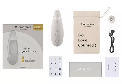 Womanizer Premium 2 Luchtdruk vibrator grijs inhoud verpakking