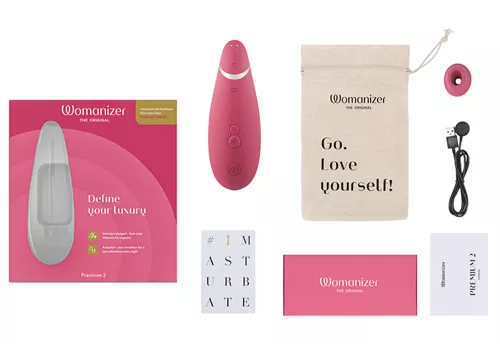 Womanizer Premium 2 Luchtdruk vibrator raspberry inhoud verpakking