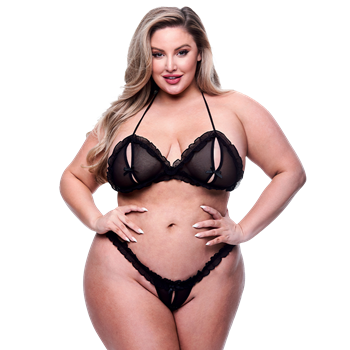 2-delige set bh met strikjes en string met open kruis - Plus Size