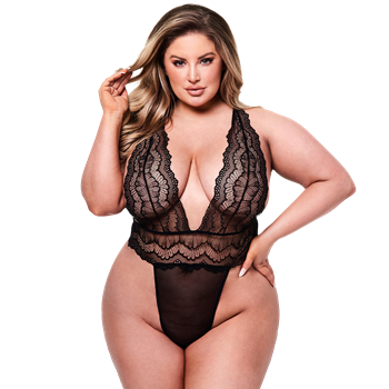 Kanten stringbody met diepe V-hals - Plus Size