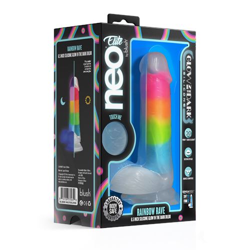neo-elite-glow-in-the-dark-rainbow-rave-6.5-inch-silicone-dual-density-dildo-multicolored